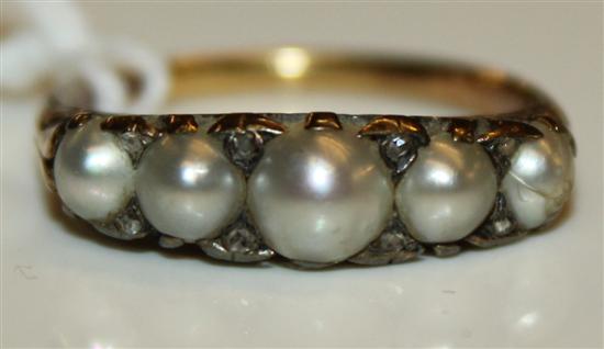 Gold and seed pearl and diamond ring